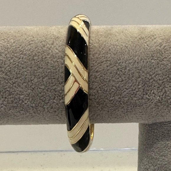 J. Crew Bracelet- Bangle style w/ hinged open Gold tone w/ black & white enamel - Picture 1 of 11